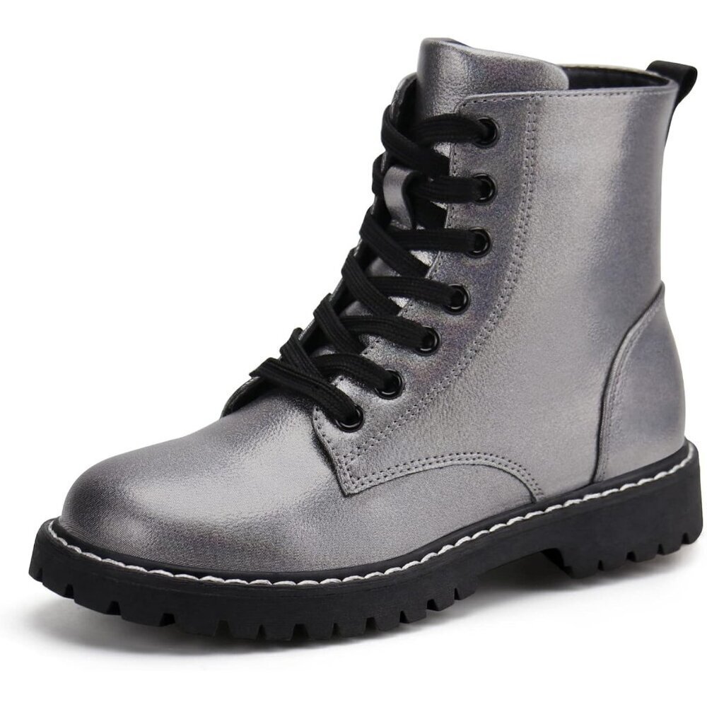 🆕Kids Grey Ankle Boots Boys Girls Side Zipper Lace Up Work Boots Combat Boots